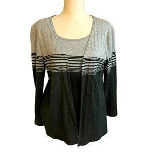 Megan Lee gray striped faux cardigan tank top sweater Pull on size 10 petite